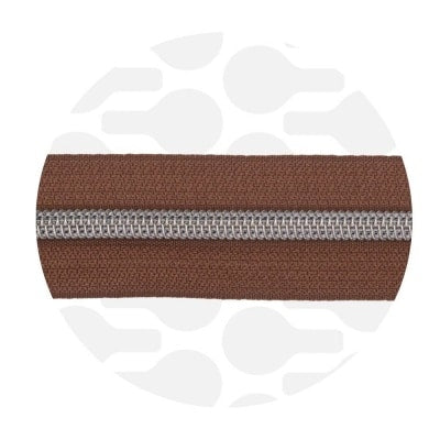 Zipper Zoo - Nylon rits earth brown  - 1 meter - Zilver